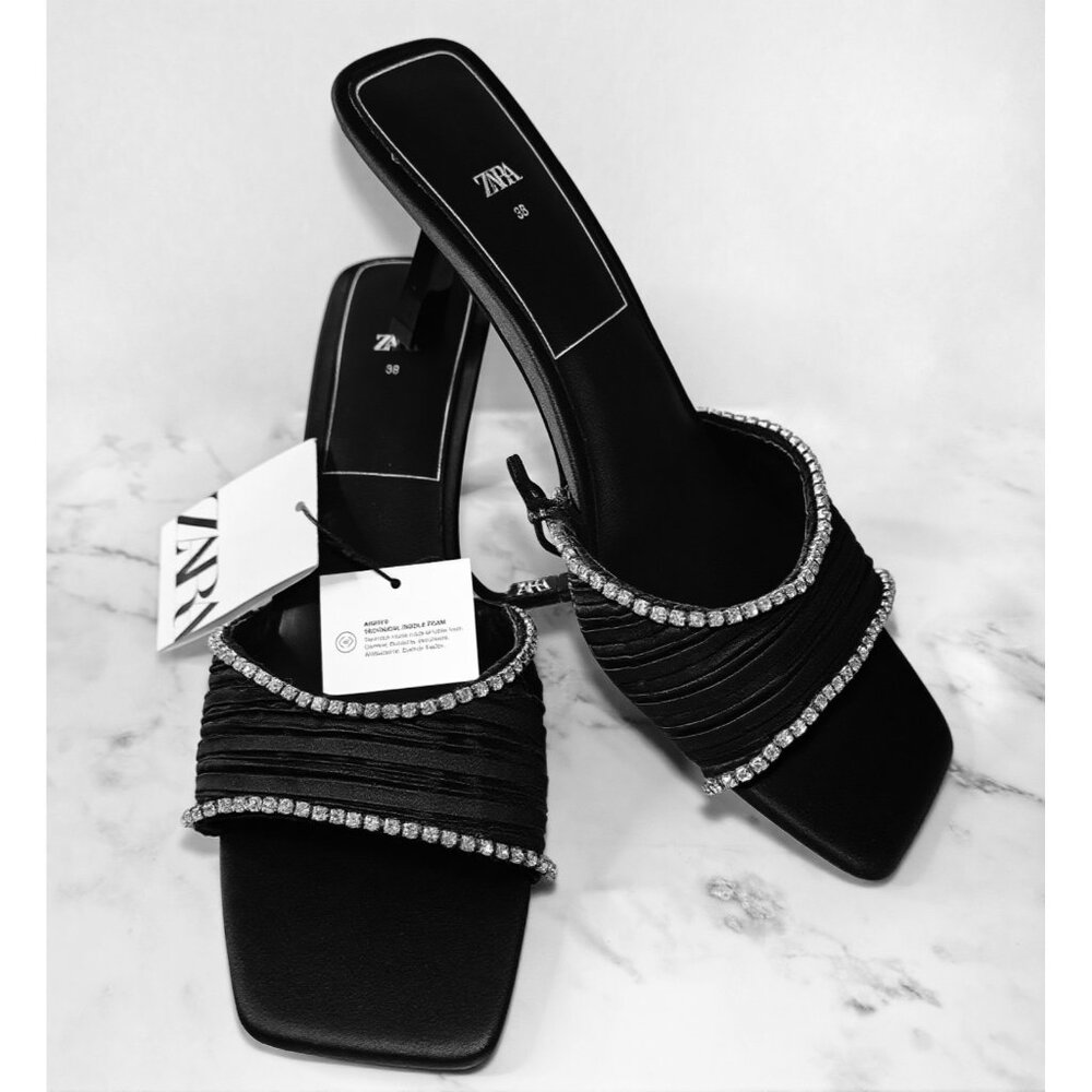 Zara Black Rhinestone High Heel Sandals Size 7.5 US 38 Square Toe Slip On New